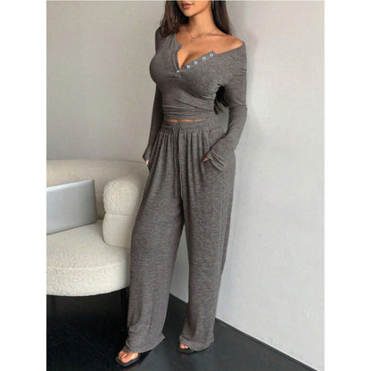 Women's V-Neck Buttoned Long Sleeve Top & Pants Set