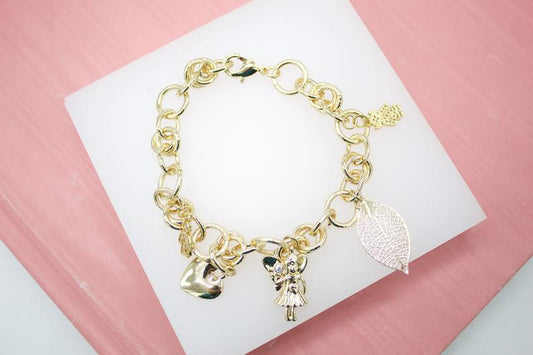 18K Gold Filled Nature, Fairy & Heart Charms Bracelet (I405)