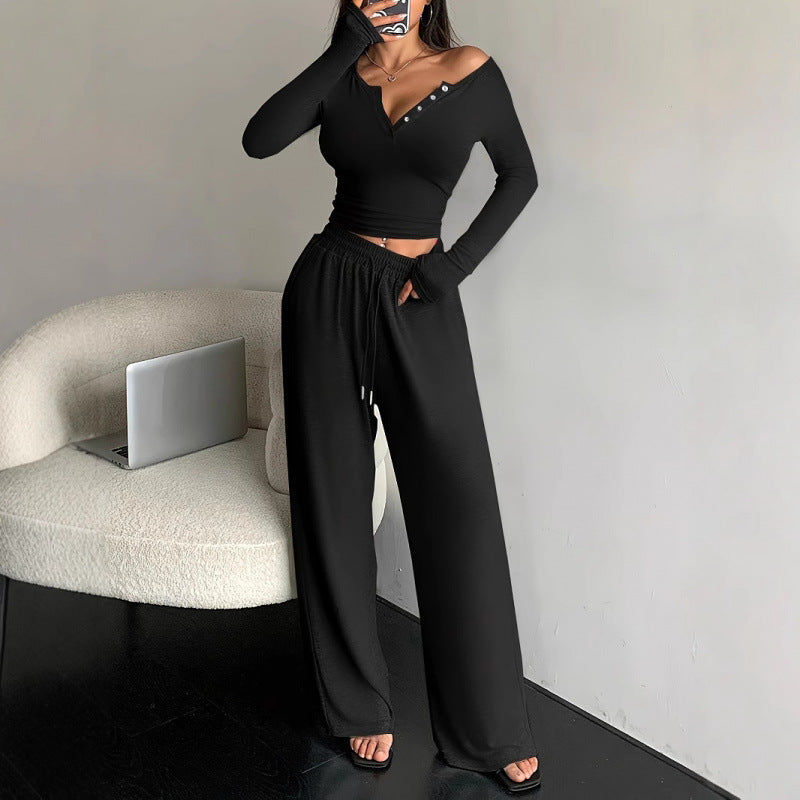 Women's V-Neck Buttoned Long Sleeve Top & Pants Set