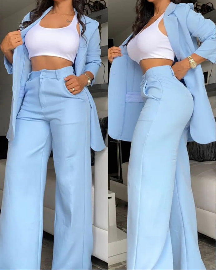 Elegant Solid Color Blazer & Pants Set