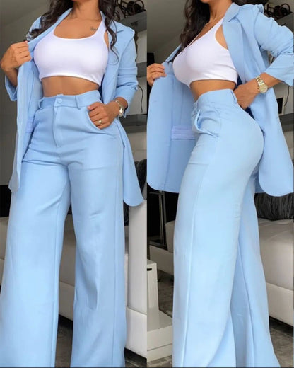 Elegant Solid Color Blazer & Pants Set