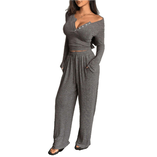 Women's V-Neck Buttoned Long Sleeve Top & Pants Set