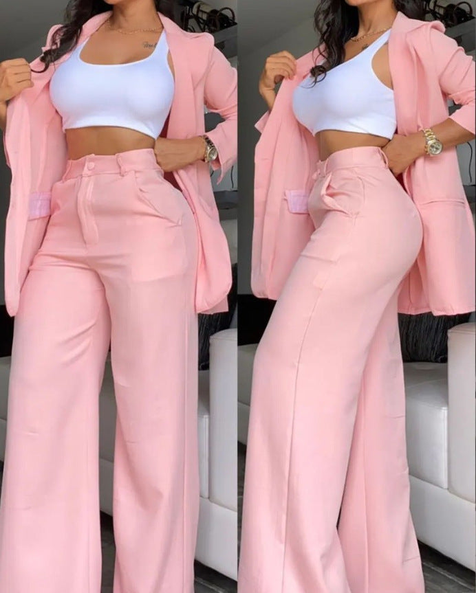 Elegant Solid Color Blazer & Pants Set