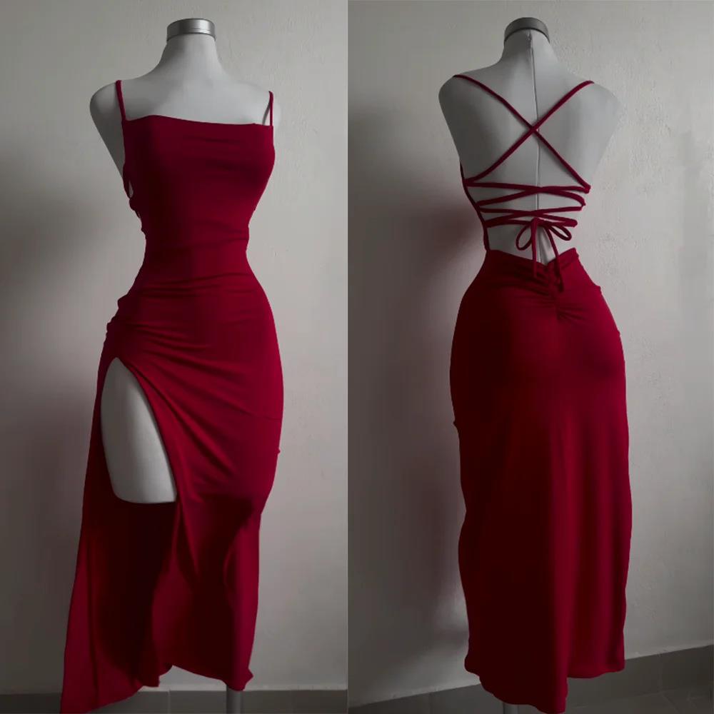Backless Slit Slip Dress – Summer Party Dress with Back Straps