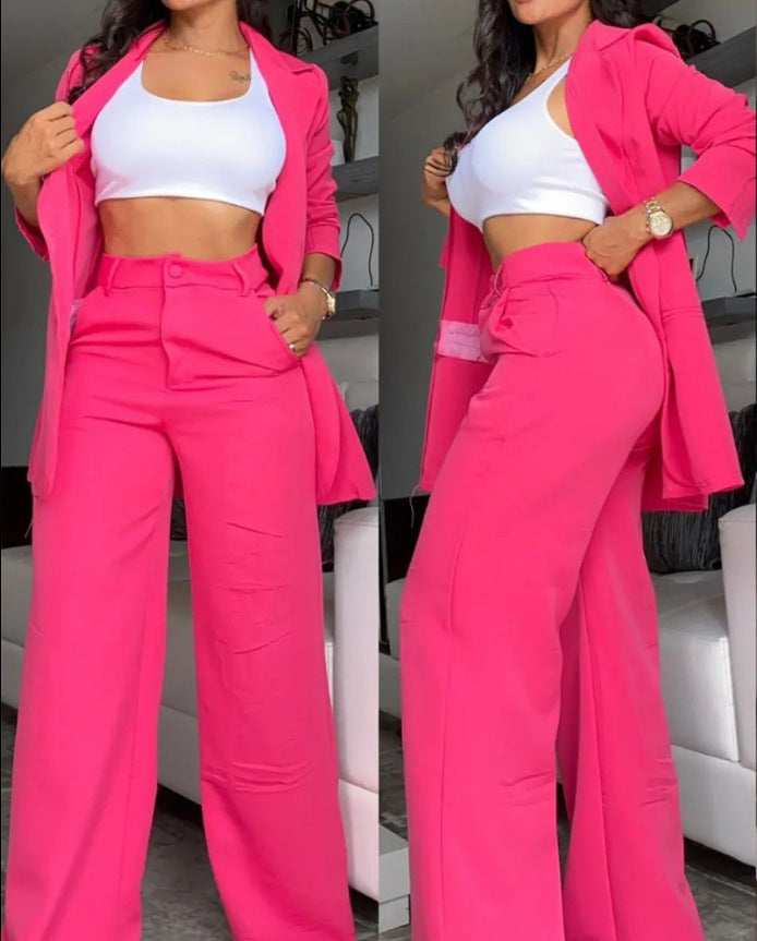 Elegant Solid Color Blazer & Pants Set