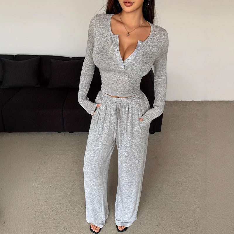 Women's V-Neck Buttoned Long Sleeve Top & Pants Set