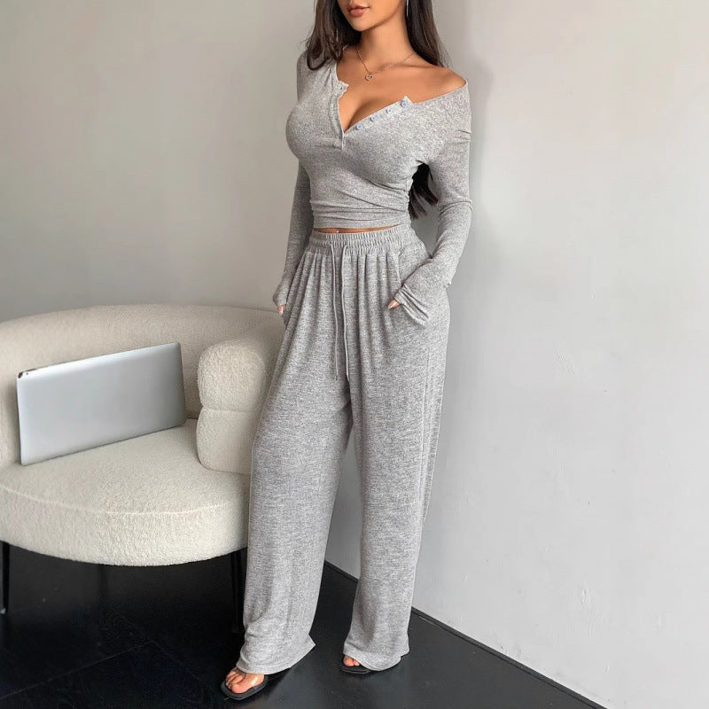 Women's V-Neck Buttoned Long Sleeve Top & Pants Set