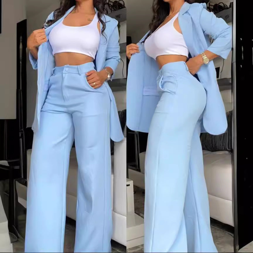 Elegant Solid Color Blazer & Pants Set